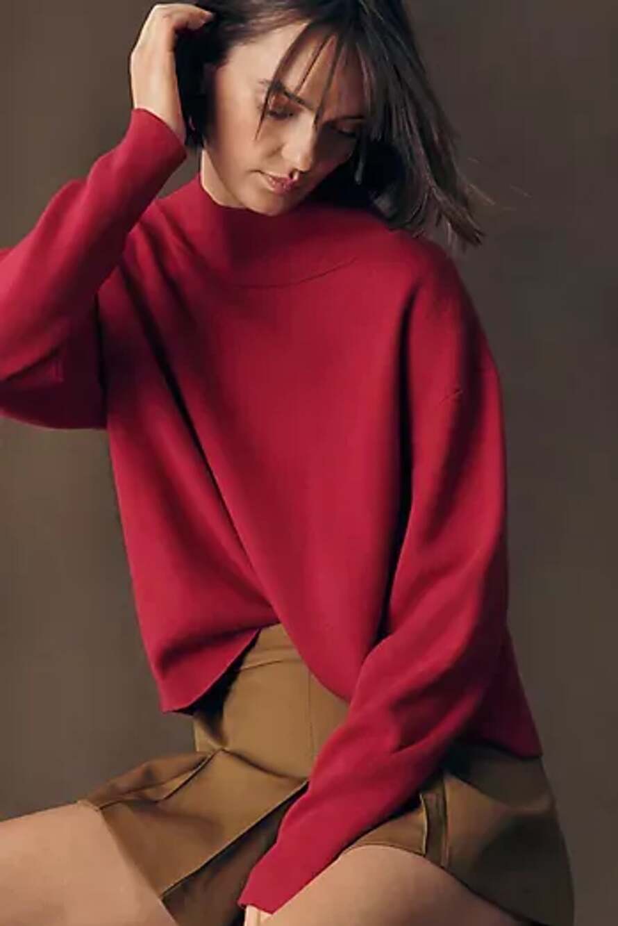 Anthropologie Maeve Cozy Red Mockneck Tunic Sweater Size M
